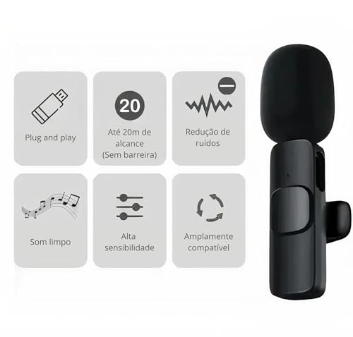 Microfone Lapela Sem Fio Compatível Iphone/Android Tipo C - 2 Unidades Com Redução de Ruídos e Alcan