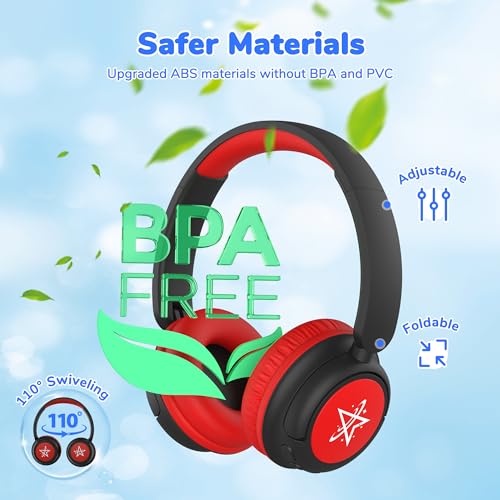 Image of iClever BTH22 Kids Bluetooth Headphones, 60H Play Time, 74 /85 dBA Safe Volume, Bluetooth 5.4, USB C, Over Ear Kids Headphones Wireless with Mic AUX Cord for iPad /Tablet /Travel /School, Red