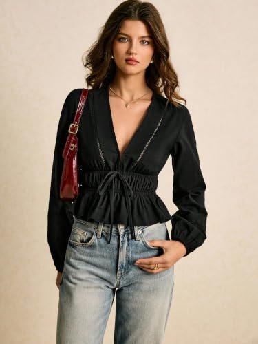 Image of Shasmi Women's Solid Deep V Neck Cotton Long Bishop Sleeve Drawstring Waist Ruffle Hem Peplum Top | Blouse | Casual Boho Cottagecore Shirt for Office, Vacation & Daily (Top 304)