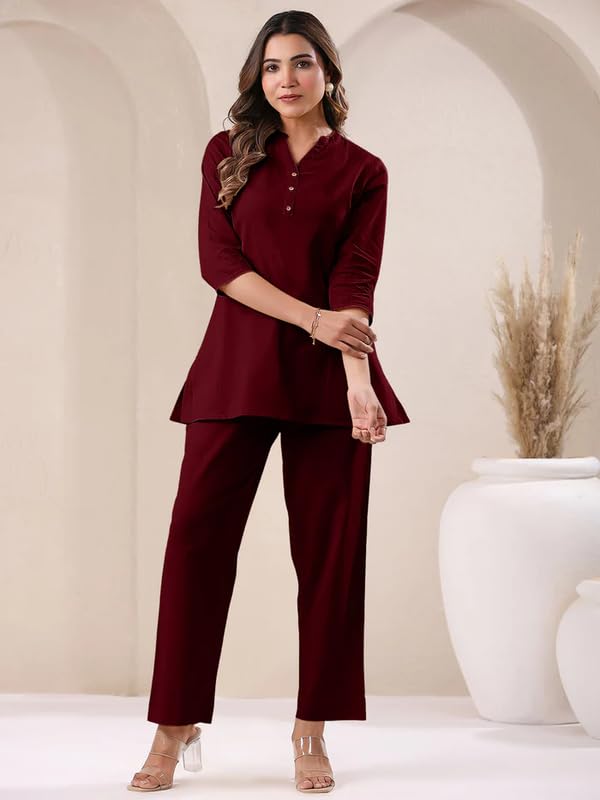 Image of Co Ord Set for Women Stylish Pure Cotton Airy Linen Lounge Wear Kurta Coord Set for Women | Regular Fit Solid Summer Kurti Set Casual, Travel, Office Formal Wear