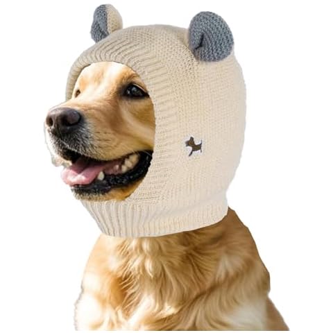 Dog Ear Muffs Noise Protection Knitted Dog Hats Pet Neck Ear Warmer for Winter Knitted Dog Cap for Anxiety Calm Down for Dog Cat (Off-White, One Size) Cover