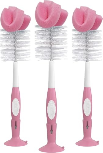 Image of Dr. Brown's Reusable Sponge Baby Bottle Cleaning Brush Set with Suction Cup Stand, Scrubber and Nipple Cleaner, Pink (Pack of 18)