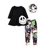 Toddler Baby Girl Halloween Outfit 3PCS Skull Tunic Dress + Leggings + Infinity Scarf Clothes Set (Black, 12-18 Months)