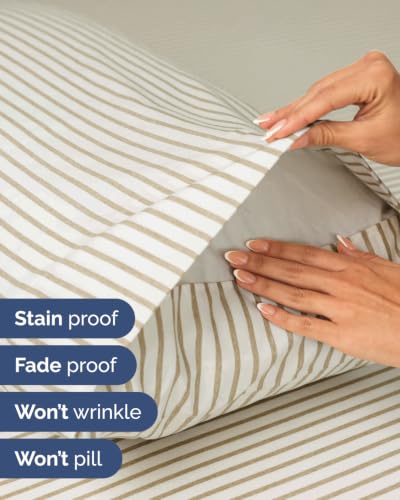 Image of Extra Deep Flex Top Split Head King Sheet Set - 6 Piece Breathable and Cooling Sheets - Hotel Luxury Bedding for Women, Men, Kids & Teens - Easy Secure Fit - Extra Deep Pockets - Beige Stripes 2