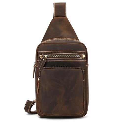 Vintage Genuine Leather Sling Bag Multi-pocket Chest Shoulder Bag for Men Casual Crossbody Daypack Backpack