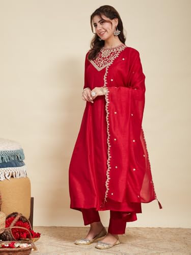Image of MOKOSH Women's Embroidered Silk Anarkali Kurta Pant with Dupatta | Anarkali Kurta Set | Embroidered |Occasion & Festive Traditional | 3 Piece Outfit