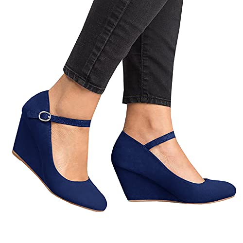 Image of Coutgo Womens Wedge Pumps Dressy Mary Jane Shoes Comfort Wedges Closed Toe Ankle Strap Heeled Shoes