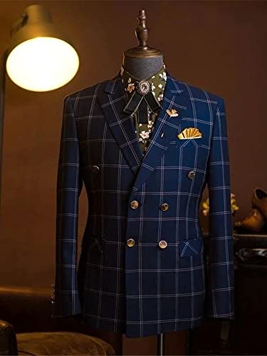 Ulnomio Men's 2 Pieces（Checked Blazer） Suit Double Breasted Buttons Peak Lapel Tuxedos for Prom Dinner2