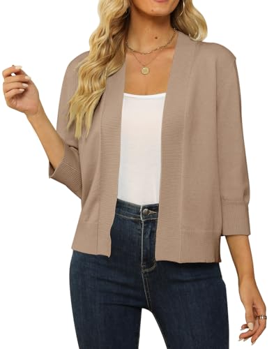 Image of Women's 3 /4 Sleeve Cropped Cardigan Sweater Open Front Short Shrugs Cardigans Lightweight Sweaters