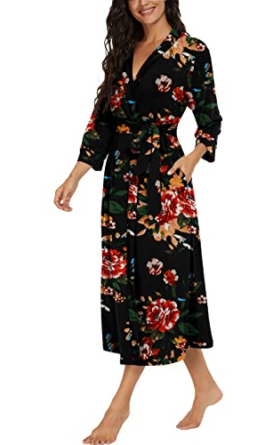Vintatre Women Kimono Robes Long Knit Bathrobe Lightweight Soft Knit Sleepwear V-Neck Casual Ladies Loungewear Fp-Brown Black-Large #TOP1