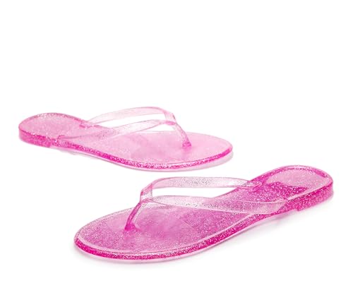Image of Womens Flip Flops Thong Sandals Jelly Shoes Flat for Ladies Slides Glitter Pink Slippers Size 7 Slip On Summer Beach Dressy