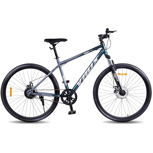 Image of Vaux City-Pro Single Speed Hybrid Cycle for Men with Dual Disc Brakes & Suspension Fork, 19 Inch Hi-Ten Steel Frame, 700x35C Tyres, Alloy Rims, City Bike(Grey-Blue, Single Speed, Suspension Fork)