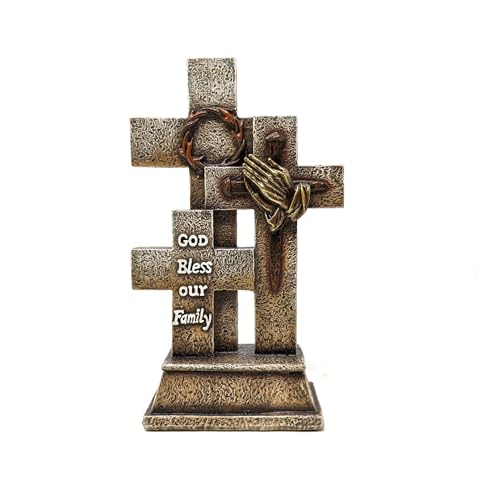 Triple Standing Cross with God Bless Our Family, Praying Hands, Nails and Crown of Thorns Rustic Design – Resin Religious Gift for Spiritual Encouragement–Inspirational Décor for Home & Prayer Room