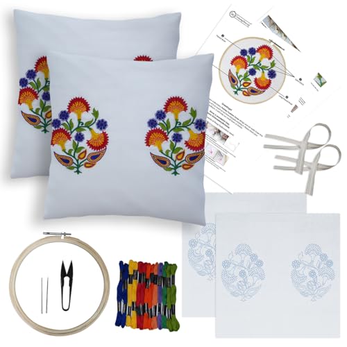 Image of Embroiderymaterial DIY Embroidery Cushion Cover Embroidery Kit for Beginners with Paisley Flower Design Cross Stitch Decorative Pillow Covers, Hand Embroidery Craft Kit for Home Decor (2PC, 16x16)