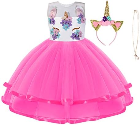 URAQT Unicorn Costume, Princess Unicorn Dress Fancy Dress with Necklace, Headband for Kids & Toddlers Birthday/Cosplay/Hallween Party,Purple 120CM