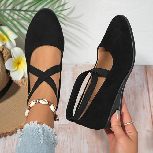 Women's Dress Flats Ballet Low Wedge Round Toe Fashion Elastic Ankle Strap Comfortable Casual Flats Shoes3