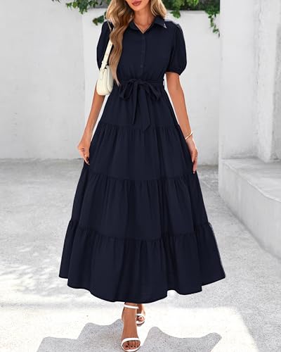 dowerme Womens Summer Dresses 2025 Short Sleeve Button Tie Waist Beach Vacation Clothes Boho Flowy Tiered Maxi Sundress3