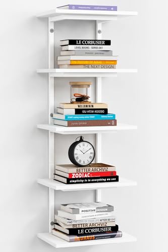 Harwaya White 5 Tier Wall Shelf Unit for Shoes Display, Lack Wall Bookshelf for Bedroom, Vertical Tiered Floating Book Shelves for Office Living Room Bathroom Vanity Kitchen Closet Purses Bags