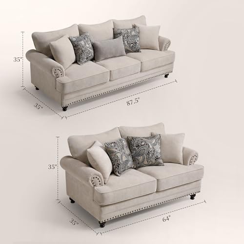 Image of Modern Farmhouse Loveseat and Sofa Set, Chenille Upholstered Couches with Nailhead Trim, Wooden Legs, 9 Accent Pillows, Comfy Sleeper for Living Room