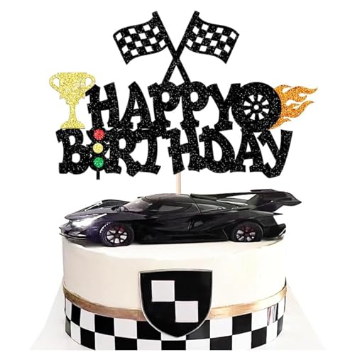 Race Car Cake Topper, Black Glitter Race Car Birthday Cake Decorations, Car Themed Happy Birthday Party Cake Toppers, Checkered Flag Cake Decoration for Baby Shower, Boys, Kids (B)