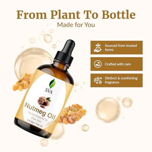 Image of SVA Nutmeg Essential Oil, Glass Bottle with Dropper, 4 Fl Oz (118 ml) | Nutmeg Essential Oil for Diffuser, Massage, Skin, Hair, Perfume Making, Soap Making, Candle Making, Fragrance & DIY Blending