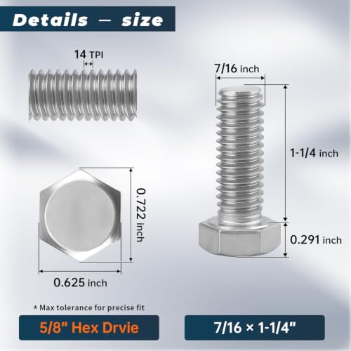 Image of 8 Sets Glvaner 7 /16-14 x 1-1 /4 inch Stainless Steel Hex Head Screws Bolts, Nuts, Flat & Lock Washers, 18-8 (304) Stainless Steel, Full Thread, Coarse Thread