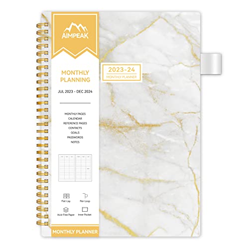 Monthly Planner/Calendar 2023-2024, 2023-2024 Monthly Planner, 18-Month Planner, Jul.2023-Dec.2024, Aimpeak Calendar Planner 2023-2024 With Pocket, Pen Loop, Flexible Cover, Spiral Binding, White Marble, 7"X10" #TOP5