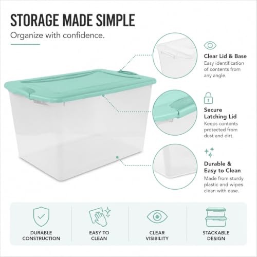 Image of Storage Bins 66 Qt Clear Latching Lid Stackable 6 Pack Mint Green