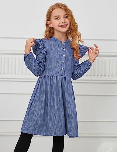 Perfashion Girls Denim Dress Flutter Long Sleeve Classic Jean Blue Button Down Dresses for 6-15 Years2