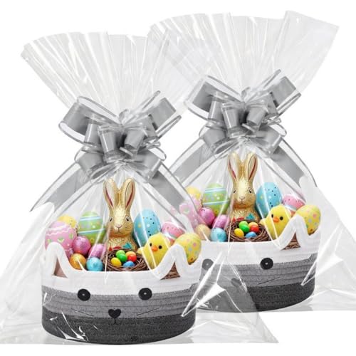 Image of Zopeal 2 Pack Small Cat Woven Basket with Gift Bag and Ribbon, Empty Decorative Gift Basket, Toy Cotton Rope Storage Organizer for Nursery Baby Shower Birthday 8.3 x 4.7 Inch(Mix Gray)