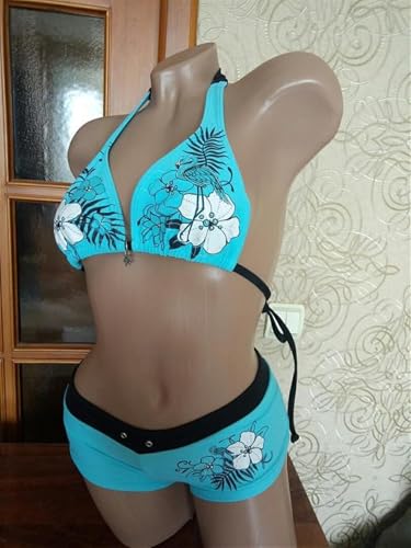 2- teiliges Y2k Neckholder- Bikini- Set für Damen, Sommer, Teenager, Mädchen, sexy Strand- Badeanzug, niedliches Outfit, Urlaubsparty 2025, blau, 80-2