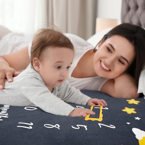 Image of Baby Milestone Blanket 60''x40'' Starry Sky Newborn Month Blanket Star and Moon Newborn Photography Background Prop for Boy & Girl Personalized Shower Present with Frame