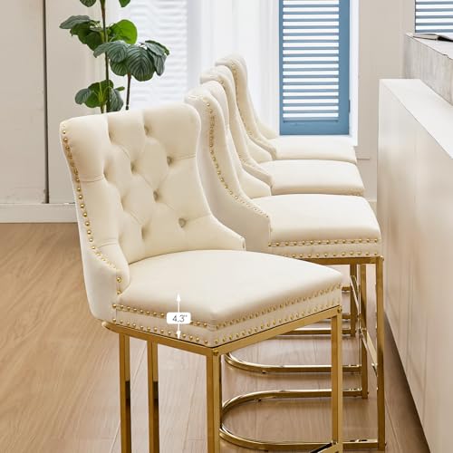 Image of UVV Counter Height Bar Stools Set of 2, 26 inch Modern Barstools with Back, Velvet Upholstery Counter Chairs with Metal Legs for Kitchen Island, Bar, Counter, Beige