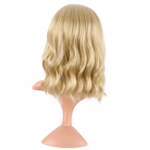 Image of MapofBeauty 14 Inch /35 cm Short Wavy Curly Women Fresh Bright Synthetic Ordinary Flat Bangs Bob Wig (Mixed Golden)