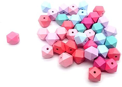 Exasinine 40 Pcs Candy Colors Geometric Wooden Beads 16 Face Wood Ball for DIY Craft Jewelry Making, 0.78 Inch (Geometric)
