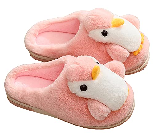 YELAN Pantoufles en forme de pingouin avec dessin animé - Chaussons d'hiver pour femme et homme - Chaussons chauds en peluche - Chaussons confortables pour la maison, rose bonbon, 39/40 EU