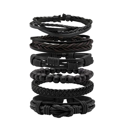 Pevlkawr Lote de 6 Pulseras Tejidas de Cuero para Hombre con Cuentas de Madera - Brazaletes Ajustables Estilo Punk y Vintage - Pulseras Macizas para Look Casual y Ocaciones Especiales
