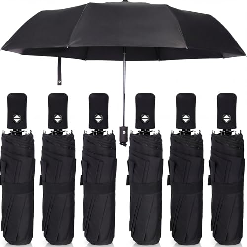Jexine 6 Pcs Windproof Travel Umbrella for Rain Compact Small Automatic Lightweight Portable Umbrella for Men Women Backpack(Black)