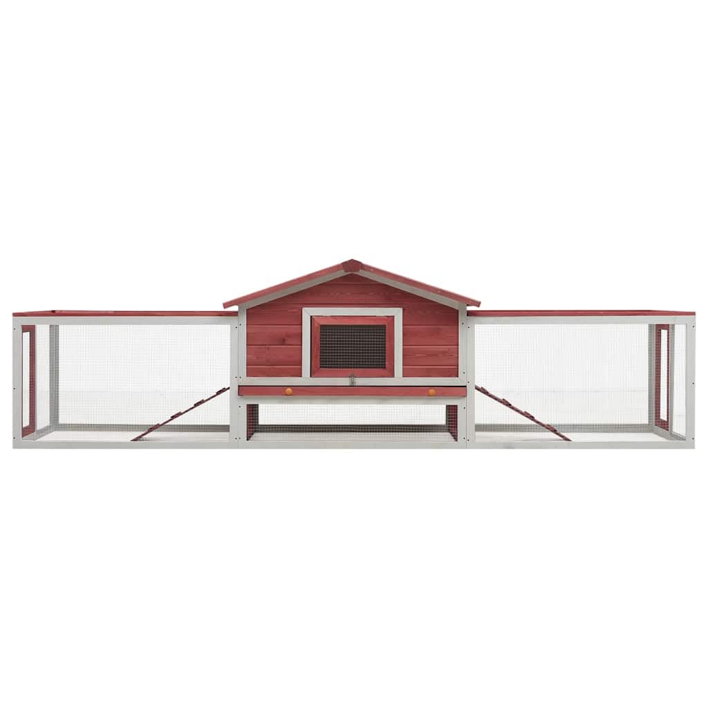 Czerwony domek dla królików, 310 x 70 x 87 cm, lite drewno sosnowe i jodłowe z 2 poziomami, siatka druciana, dach z poliestru, ochrona ogrodu i wybiegu na zewnątrz