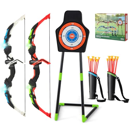 Nightcore Kids Bow and Arrow, LED Light Up Archery Bow w/ 20 Suction Cup Arrows, Standing/Hanging Target & Quiver, Bow and Arrow Set for Indoor Outdoor Games, Gift for 3+ Years Old Boys and Girls