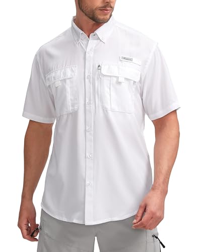 Pudolla Men's Fishing Shirts with Short Sleeves, Summer Travel Work Shirts, Button Down with UPF50+ and Zipper Pockets