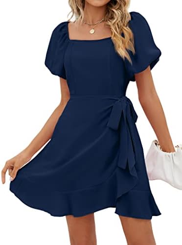 SAMPEEL Womens Summer Dresses Flattering Petite Puff Sleeve Short Dress Navy Blue S