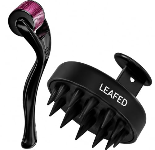 Image of LEAFED 0.5 mm Derma Roller For Hair Growth With 540 Titanium Alloy Needles With Scalp Massager Shampoo Brush | Repairs Damaged Hair, Activates Hair Follicles | Roller for Beard & Hair Growth & Reduces Acne Scars