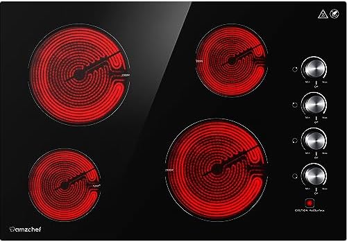 AMZCHEF Electric Cooktop 30" Built-in Electric Burner with 4 Burners, ETL Safety Certified, 240V Power Control by Knob, 7000W Electric Stove with Hot Surface Indicator 30 inch