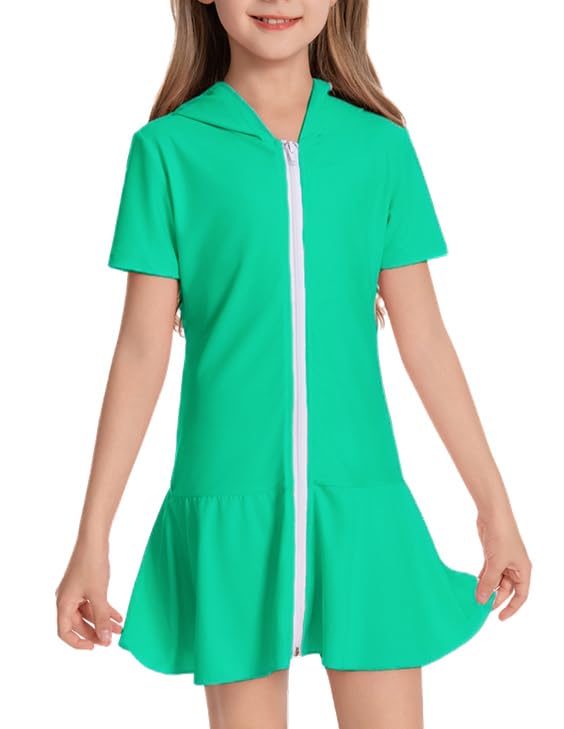 Image of Girls Sun Protective Swim Cover Up Hooded with Full-Length Zipper Short Sleeve UPF 50+ Beach Dress Coverup