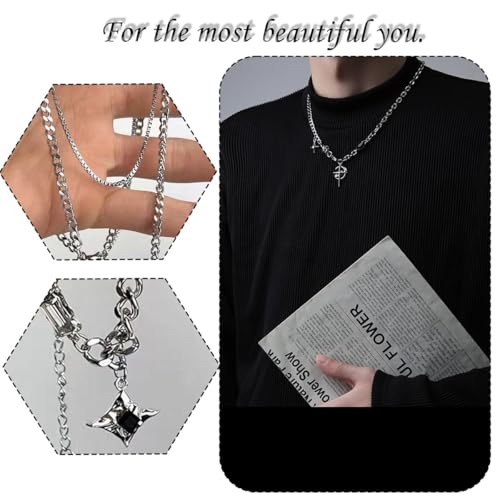 Image of 2Pcs Gothic Jewellery, Crescent Black Diamond Star Necklace, Silver Chain for Men, Punk Style Necklace for Women, Stylish Gothic Fashion Accessory for Everyday Wear and Special Occasions