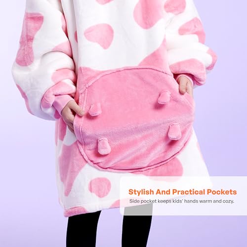 Image of Giggling Getup Wearable Blanket Hoodie for Girls and Boys Sherpa Fleece Hooded Blanket Sweatshirt Warm Cozy Sherpa Wearable Throw Oversized Hoodie with Giant Pocket & Sleeves for Kids Strawberry Cow