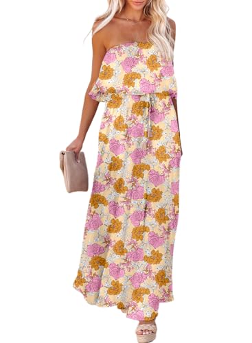 Image of Dokotoo Womens Strapless Dresses Casual Summer High Waist Side Split Flowy Boho Maxi Dress