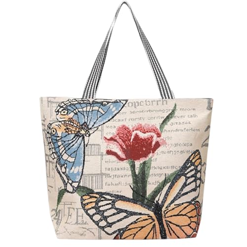 OULIGET Large Canvas Tote Bag,Reusable Butterfly Embroidery Shoulder Bag,Multipurpose Grocery Bag for Travel Shopping Outdoors (Butterfly)