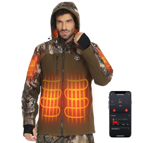 KEMIMOTO Heated Hunting Jacket for Men with 12V 20000mAh Battery Pack, Intelligent APP Temperature Control, Water-resistant and Silent Fabric Camo Heated Coat